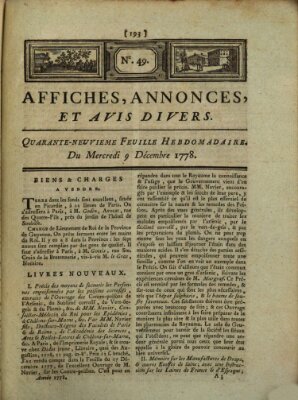 Affiches, annonces, et avis divers Mittwoch 9. Dezember 1778