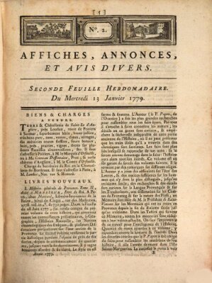 Affiches, annonces, et avis divers Mittwoch 13. Januar 1779