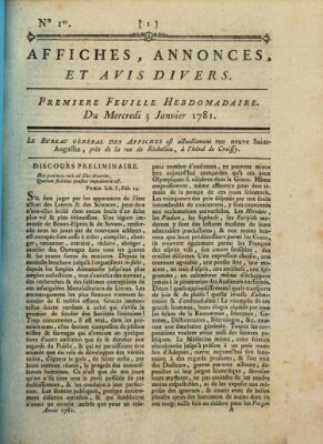 Affiches, annonces, et avis divers Mittwoch 3. Januar 1781