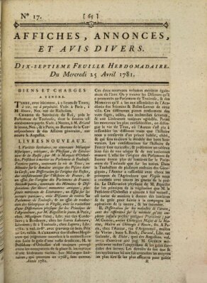 Affiches, annonces, et avis divers Mittwoch 25. April 1781