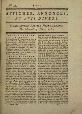 Affiches, annonces, et avis divers Mittwoch 3. Oktober 1781