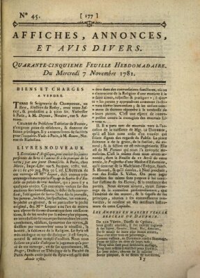 Affiches, annonces, et avis divers Mittwoch 7. November 1781