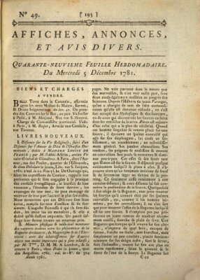 Affiches, annonces, et avis divers Mittwoch 5. Dezember 1781