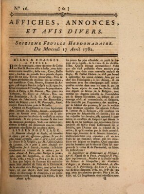 Affiches, annonces, et avis divers Mittwoch 17. April 1782