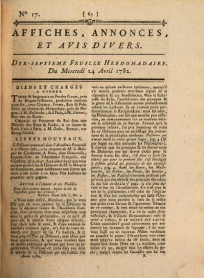 Affiches, annonces, et avis divers Mittwoch 24. April 1782