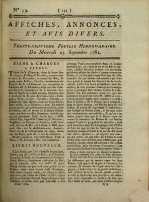 Affiches, annonces, et avis divers Mittwoch 25. September 1782