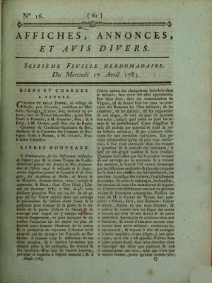 Affiches, annonces, et avis divers Mittwoch 9. April 1783