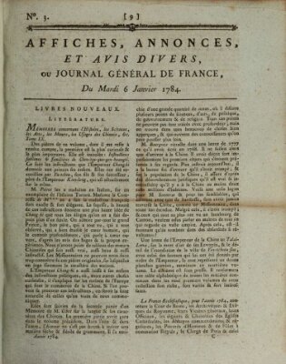 Affiches, annonces et avis divers ou Journal général de France (Affiches, annonces, et avis divers) Dienstag 6. Januar 1784