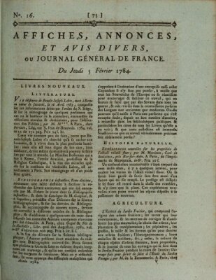 Affiches, annonces et avis divers ou Journal général de France (Affiches, annonces, et avis divers) Donnerstag 5. Februar 1784