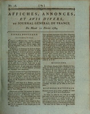 Affiches, annonces et avis divers ou Journal général de France (Affiches, annonces, et avis divers) Dienstag 10. Februar 1784