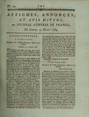 Affiches, annonces et avis divers ou Journal général de France (Affiches, annonces, et avis divers) Samstag 14. Februar 1784