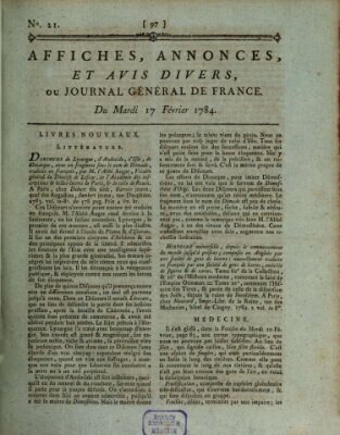 Affiches, annonces et avis divers ou Journal général de France (Affiches, annonces, et avis divers) Dienstag 17. Februar 1784