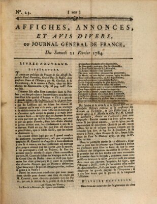 Affiches, annonces et avis divers ou Journal général de France (Affiches, annonces, et avis divers) Samstag 21. Februar 1784