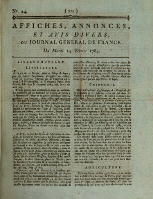 Affiches, annonces et avis divers ou Journal général de France (Affiches, annonces, et avis divers) Dienstag 24. Februar 1784