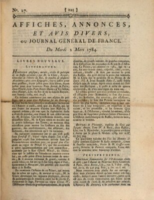 Affiches, annonces et avis divers ou Journal général de France (Affiches, annonces, et avis divers) Dienstag 2. März 1784