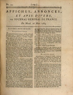 Affiches, annonces et avis divers ou Journal général de France (Affiches, annonces, et avis divers) Dienstag 16. März 1784