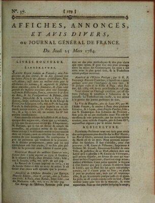 Affiches, annonces et avis divers ou Journal général de France (Affiches, annonces, et avis divers) Donnerstag 25. März 1784