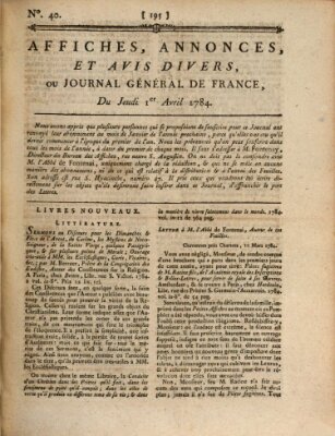 Affiches, annonces et avis divers ou Journal général de France (Affiches, annonces, et avis divers) Donnerstag 1. April 1784