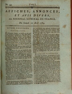 Affiches, annonces et avis divers ou Journal général de France (Affiches, annonces, et avis divers) Samstag 10. April 1784