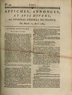 Affiches, annonces et avis divers ou Journal général de France (Affiches, annonces, et avis divers) Dienstag 13. April 1784