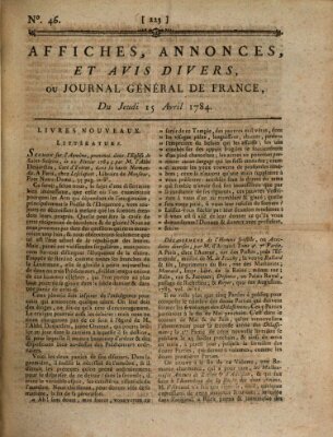 Affiches, annonces et avis divers ou Journal général de France (Affiches, annonces, et avis divers) Donnerstag 15. April 1784