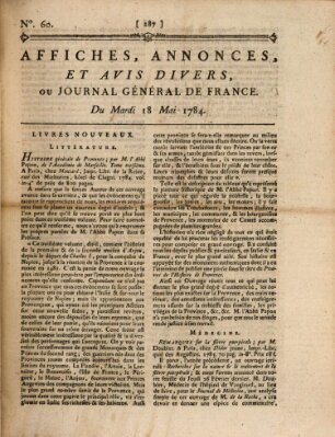 Affiches, annonces et avis divers ou Journal général de France (Affiches, annonces, et avis divers) Dienstag 18. Mai 1784