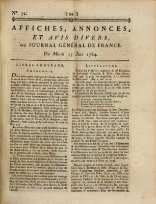 Affiches, annonces et avis divers ou Journal général de France (Affiches, annonces, et avis divers) Dienstag 15. Juni 1784