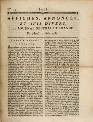 Affiches, annonces et avis divers ou Journal général de France (Affiches, annonces, et avis divers) Dienstag 3. August 1784