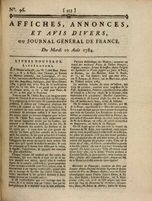 Affiches, annonces et avis divers ou Journal général de France (Affiches, annonces, et avis divers) Dienstag 10. August 1784