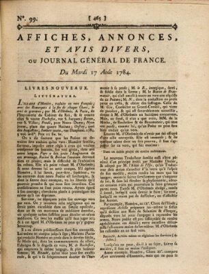 Affiches, annonces et avis divers ou Journal général de France (Affiches, annonces, et avis divers) Dienstag 17. August 1784