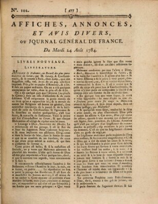 Affiches, annonces et avis divers ou Journal général de France (Affiches, annonces, et avis divers) Dienstag 24. August 1784