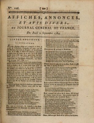 Affiches, annonces et avis divers ou Journal général de France (Affiches, annonces, et avis divers) Donnerstag 2. September 1784