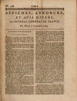 Affiches, annonces et avis divers ou Journal général de France (Affiches, annonces, et avis divers) Dienstag 7. September 1784