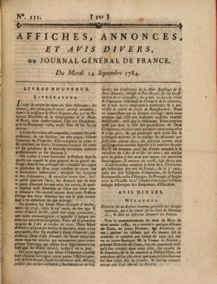 Affiches, annonces et avis divers ou Journal général de France (Affiches, annonces, et avis divers) Dienstag 14. September 1784