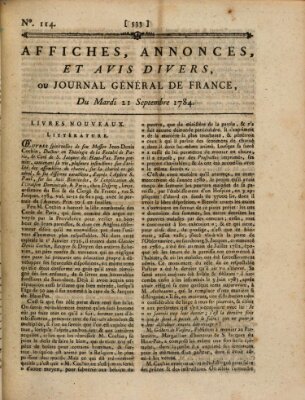 Affiches, annonces et avis divers ou Journal général de France (Affiches, annonces, et avis divers) Dienstag 21. September 1784