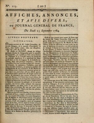 Affiches, annonces et avis divers ou Journal général de France (Affiches, annonces, et avis divers) Donnerstag 23. September 1784