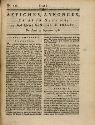 Affiches, annonces et avis divers ou Journal général de France (Affiches, annonces, et avis divers) Donnerstag 30. September 1784