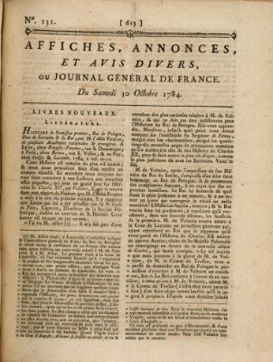 Affiches, annonces et avis divers ou Journal général de France (Affiches, annonces, et avis divers) Samstag 30. Oktober 1784