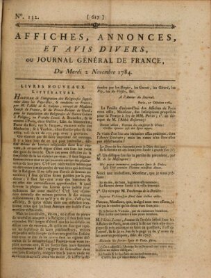 Affiches, annonces et avis divers ou Journal général de France (Affiches, annonces, et avis divers) Dienstag 2. November 1784