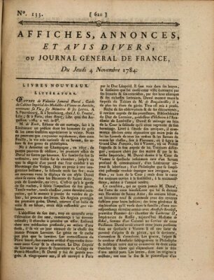 Affiches, annonces et avis divers ou Journal général de France (Affiches, annonces, et avis divers) Donnerstag 4. November 1784