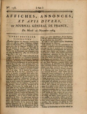 Affiches, annonces et avis divers ou Journal général de France (Affiches, annonces, et avis divers) Dienstag 16. November 1784