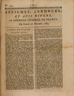 Affiches, annonces et avis divers ou Journal général de France (Affiches, annonces, et avis divers) Samstag 27. November 1784