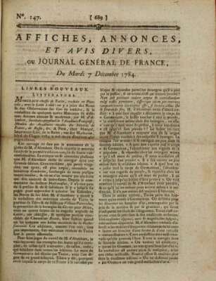 Affiches, annonces et avis divers ou Journal général de France (Affiches, annonces, et avis divers) Dienstag 7. Dezember 1784