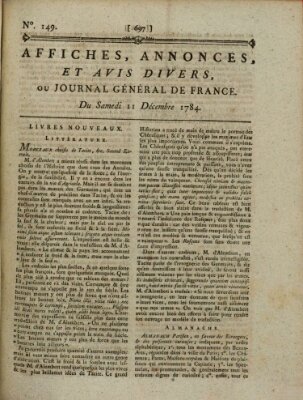 Affiches, annonces et avis divers ou Journal général de France (Affiches, annonces, et avis divers) Samstag 11. Dezember 1784