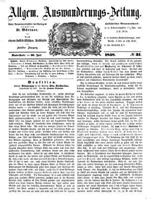 Allgemeine Auswanderungs-Zeitung Freitag 30. Juli 1858