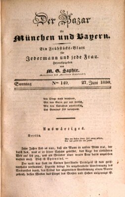 Der Bazar für München und Bayern Sonntag 27. Juni 1830
