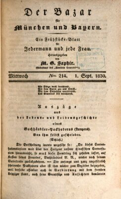 Der Bazar für München und Bayern Mittwoch 1. September 1830