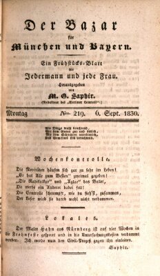 Der Bazar für München und Bayern Montag 6. September 1830