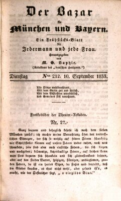 Der Bazar für München und Bayern Dienstag 10. September 1833