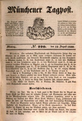 Münchener Tagpost (Münchener Morgenblatt) Montag 12. August 1839